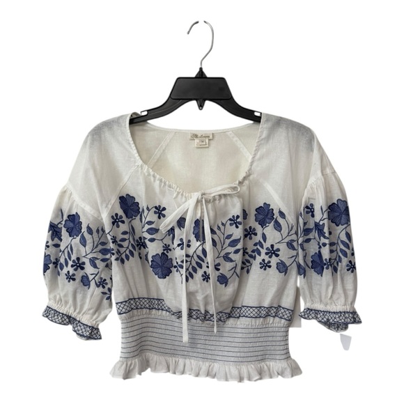SHOSHANNA | NWT $378 Diego Linen Embroidered Top in White/Blue, Size Medium - Picture 3 of 9